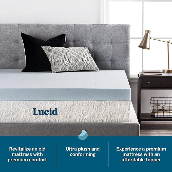 LUCID 4 Inch Gel Memory Foam Mattress Topper-Ventilated Design-Ultra Plush-King