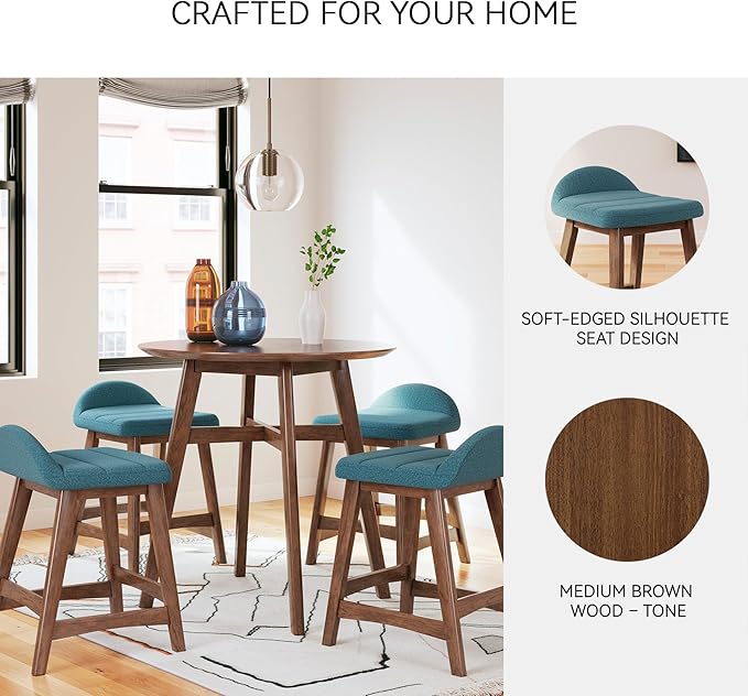 Signature Design by Ashley Lyncott Contemporary 28.5" Counter Height Upholstered Bar Stool with Foam Cushion, 2 Count, Blue & Brown