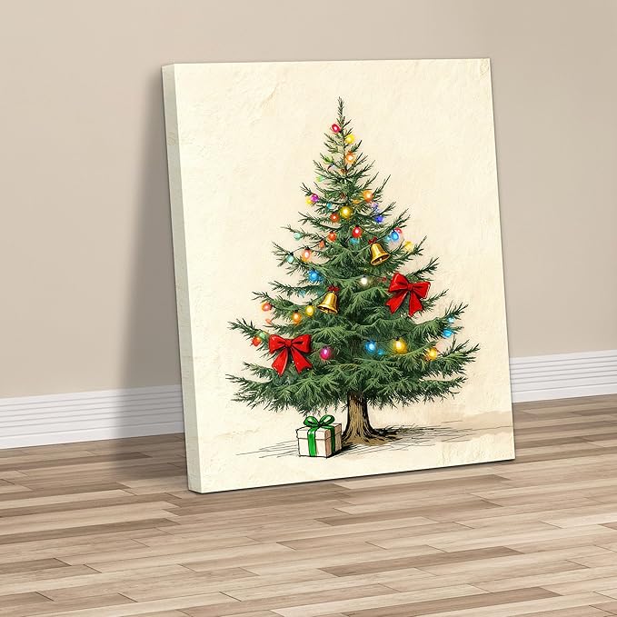 Framed Christmas Pictures Wall Decor,Vintage Pine Tree Prints,Winter Christmas Canvas Wall Art Decoration for Bedroom Bathroom Living Room Rustic Xmas Holiday Gifts (Christmas Tree 9, 24'' X 36'')