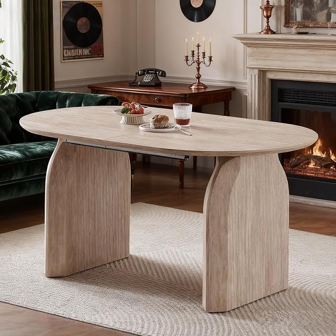 59"-90.5" Extendable Dining Table,Large Wood Dining Room Table with Slatted Pedestal Base,Rustic Oval Dining Table with Dual Pedestal Base(Easy to Assemble)