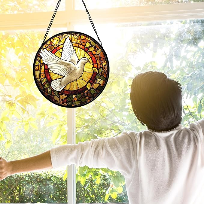 Stained Glass Window Hanging, Flying White Dove Sun Catchers Diamond Glass Panel Hangings Cute Birds Suncatcher Decor for Birthday for Women, Men, Wife, Aunt,and Mom 7.8X7.8IN