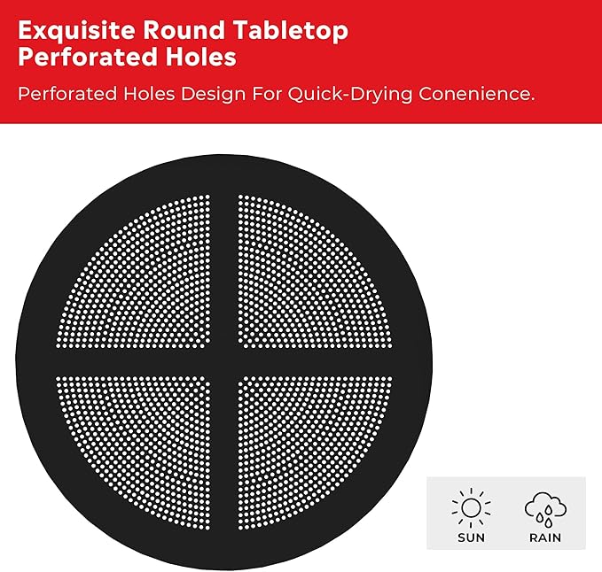 Costaelm Small Patio Table, Outdoor Round Dining Table, Weather Resistant Outside Table for Poolside Deck Lawn Garden Backyard, Black