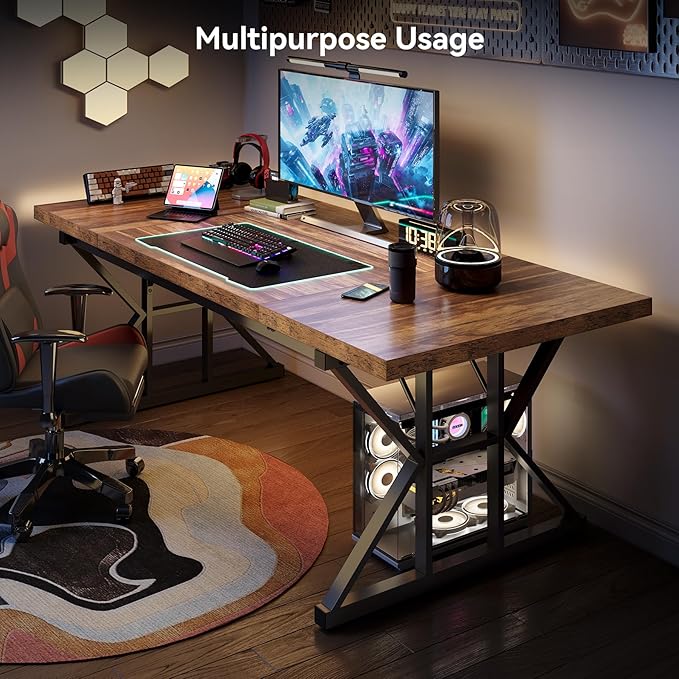 LITTLE TREE 70.8-Inch Office Desk, Wooden Executive Office Desk, Modern Work Desk, Large Farmhouse Writing Table Computer Desk for Home, Brown-Black