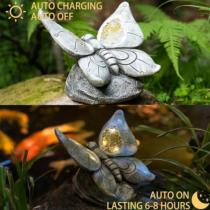 Garden Statue Butterfly,Solar Butterfly Decor for Outdoor,Resin Butterflies Figurine with Solar Light for Patio,Balcony,Yard,Lawn Ornament,Perfect Garden Gift