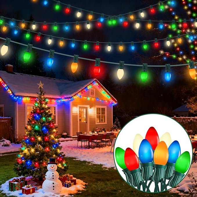 100FT C7 Multicolor Christmas Lights Outdoor, Vintage Christmas Lights String with 100+5 LED Colorful Bulbs, Hanging Christmas String Light for Home Patio Party Indoor Outdoor Christmas Decorations