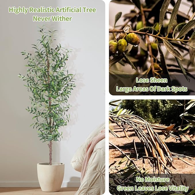 Artificial Olive Tree, 8FT Tall Faux Olive Trees 96in Outdoor Fake Potted Silk Plant with Trunk and Realistic 1574 Leaves and 48 Fruits for Modern Office Home Decor Indoor（1pack）
