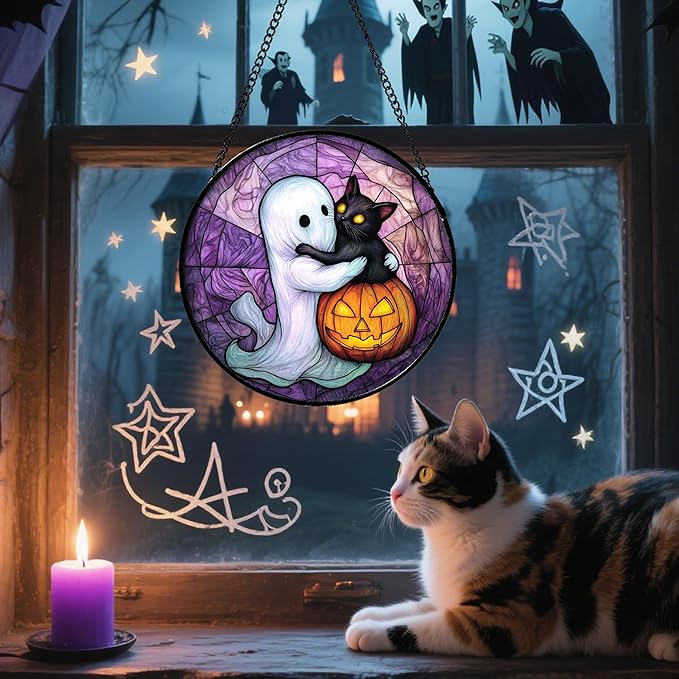 Stained Glass Window Hanging - Halloween Decorations Ghost Black Cat Pumpkin Suncatcher for Door Garden Spooky Purple Sun Catchers Gothic Decor Horror Gifts for Women Men Friend Boy 6.3 in