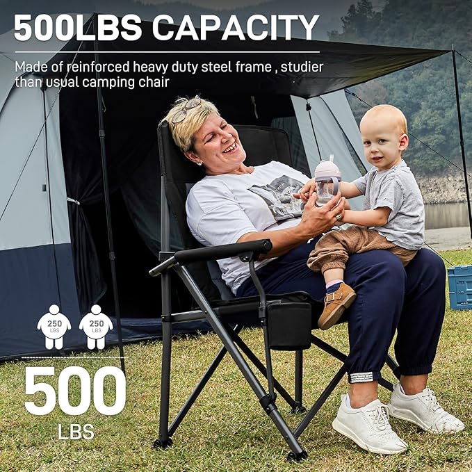 EVER ADVANCED Oversized Folding Camping Chair for Adults, Heavy Duty Lawn Chair with Side Pockets, Portable Collapsible Quad Chair for Outside, Support Up to 500lbs, Black