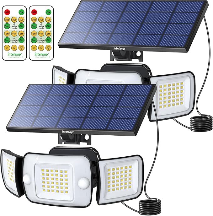 intelamp Solar Lights Outdoor, 3 Head Solar Motion Sensor Lights for Outside, lP65 Waterproof,Separate Panel with 9FT Cable Remote Control Flood Lights(2Pack)