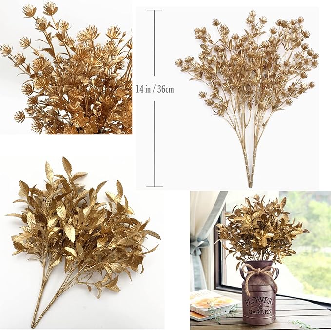 CATTREE Artificial Gold Plants for Christmas, Golden Leaves Plastic Faux Gypsophila Fake Simulation Baby Breath Flowers for Home Indoor Outdoor Wedding Decoration Hall Table Planter Filler 4 Pack