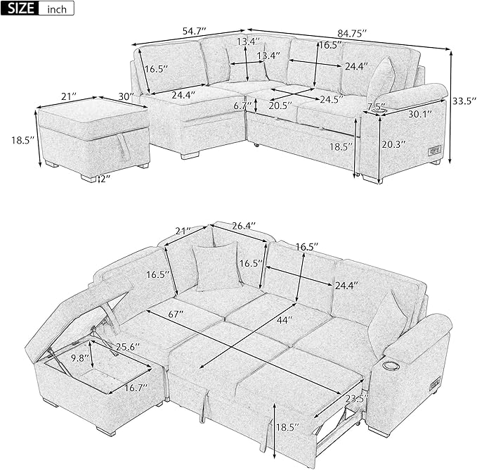 Ball & Cast Sleeper Sofa Bed L Shaped Couch with Storage Ottoman,Pull-Out Sectional Sofa Couch w/Cup Holder and Charging Stations,for Living Room and Small Apartment,Grey