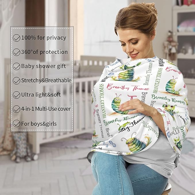 Personalized Baby Car Seat Cover with Name Stroller Canopy Custom Caterpillars Carseat Cover Newborn Baby Boy Girl Nursing Cover for Moms First Birthday Gift