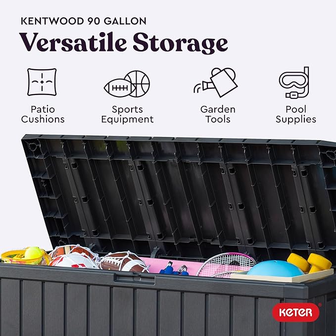 Keter Kentwood 92 Gallon Resin Deck Box-Organization and Storage for Patio Furniture Outdoor Cushions, Throw Pillows, Garden Tools and Pool Floats, Dark Grey