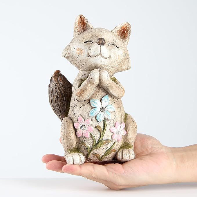 Fox Statue for Garden Decor, Garden Statue with Solar Power Light for Outdoor Patio Porch Lawn Yard Backyard Oudside Indoor Shelf Decoration,Praying Fox Sculptures & Statues Woman