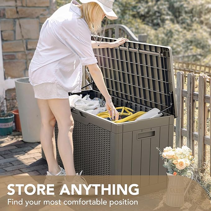 Devoko 100 Gallon Waterproof Large Resin Deck Box Indoor Outdoor Lockable Storage Container for Patio Furniture Cushions Garden Tools (100 Gallon, Light Brown)