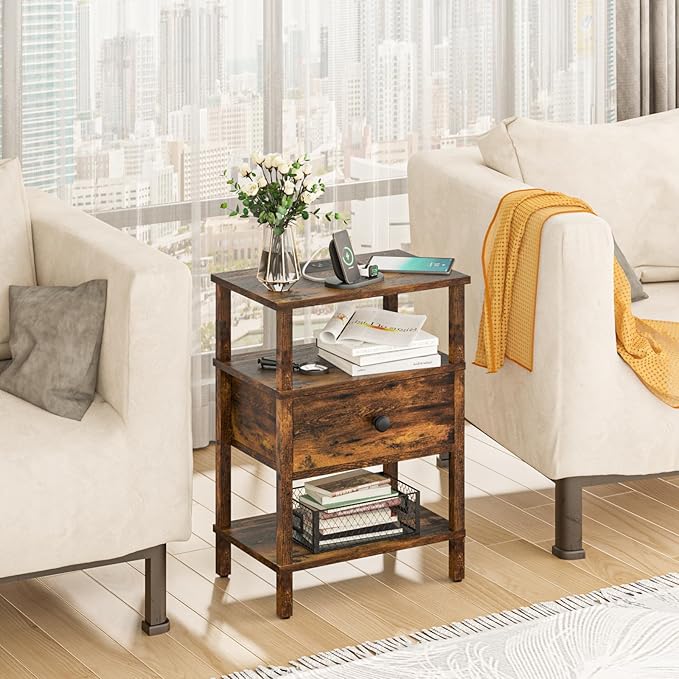 Lerliuo Nightstand Set of 2 with Charging Station and USB Ports, 3-Tier Storage End Table with Drawer Shelf, Night Stand for Small Spaces, Wood Bedside Table for Living Room, Bedroom-Brown