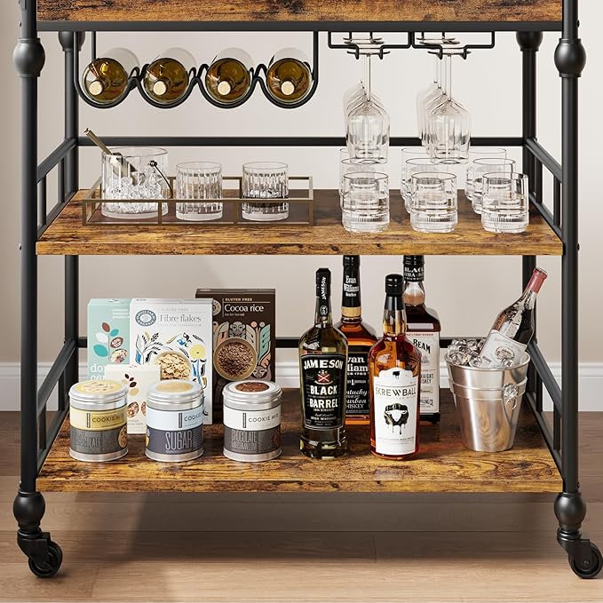 Bar Cart, Bar Carts for The Home, 3 Tier Serving Cart with Wheels, Home Bar & Serving Carts, Metal Rolling Cart with Wine Rack & Removable Tray for Kitchen, Dining Room, Living Room-Retro Brown