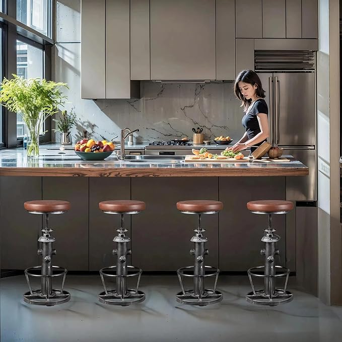 Industrial Swivel Bar Stools Kitchen Island Dining Chairs Pu Seat Bar Counter Height Adjustable 25-31inch