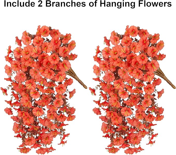 Fake Mums Artificial Fall Hanging Flowers for Outdoors Decoration, 2 PCS Fake Silk Morning Glory with Brown Eucalyptus UV Resistant Plants for Wall Home Porch Patio Balcony Yard Decor (Orange)