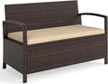 Tangkula 42 Gallon Outdoor Bench with Storage, Outdoor PE Rattan Storage Bench with Cushion, Backrest & Acacia Wood Armrests, Metal Frame, Waterproof Deck Box Seat for Porch Backyard Poolside