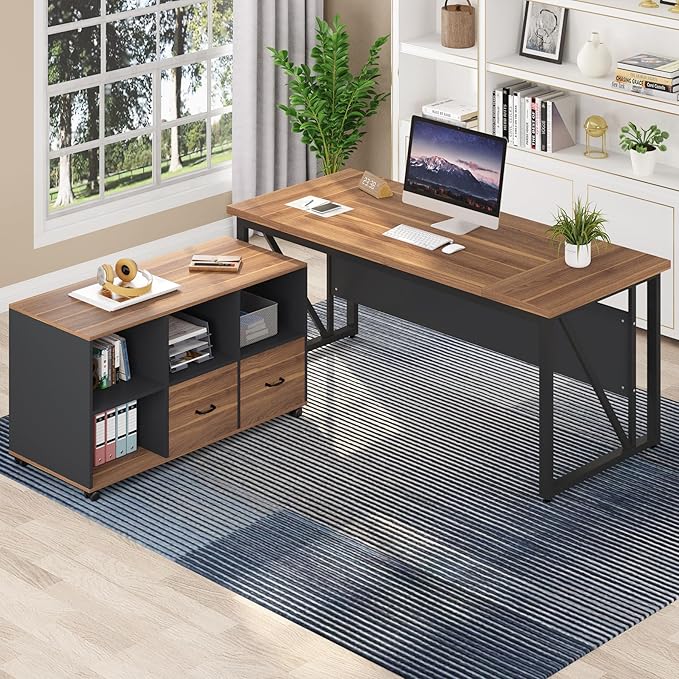 Tribesigns 63-Inch Executive Desk with 47-Inch Mobile File Cabinet, Large Home Office Desk with Drawers and Storage Shelves, L-Shaped Computer Desk Workstation Business Furniture, Walnut & Gray