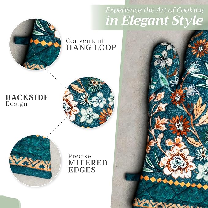 Maison d' Hermine Oven Gloves 100% Cotton Oven Mitt 7" x 13" with Loop Heat Resistant BBQ Cooking Gloves for Thanksgiving Christmas Decorations Handling Hot Pans (Pack of 1, Luxury Loft - Dark Teal)