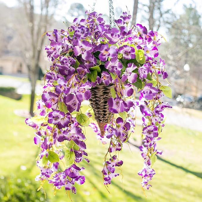 Artificial Hibiscus Fake Hanging Flowers Plants for Outdoors Spring Summer Decor, 4pcs Purple Silk Hibiscus Long Trailing Vines UV Resistant Realistic Faux Flower for Outside Front Door Porch Patio