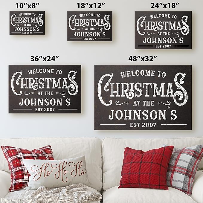 Milweb1 Personalized Family Name Welcome To Christmas/Rustic Vintage Farmhouse Holiday Decor Canvas Sign Holiday Decorations Wall Decor Print (8"x10")