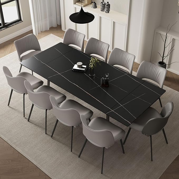 Extendable Dining Table (62.9" to 94.4") for 6 to 10 - Modern Rectangular Sintered Stone Table with High Hardness and Easy Maintenance - Stylish Black