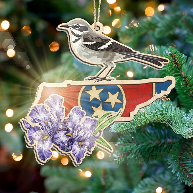 FLAGWIX Christmas Tennessee Gifts for Women Men - Suncatcher Tennessee Christmas Ornaments 2025 - State Ornaments for Tree with Mockingbird and Purple Iris, Xmas Decorations Gifts for Friend Family