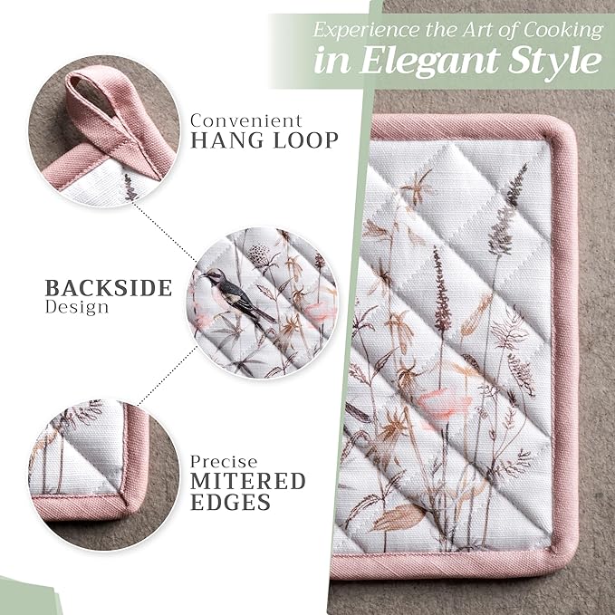 Maison d' Hermine Pot Holders Set 100% Cotton Heat Resistant Potholders 8" x 8" Hot Pads with Loop BBQ, Cooking, Grilling, Kitchen, Handling Hot Pans Spring/Summer (Pack of 2, Meadow Florals - Brown)