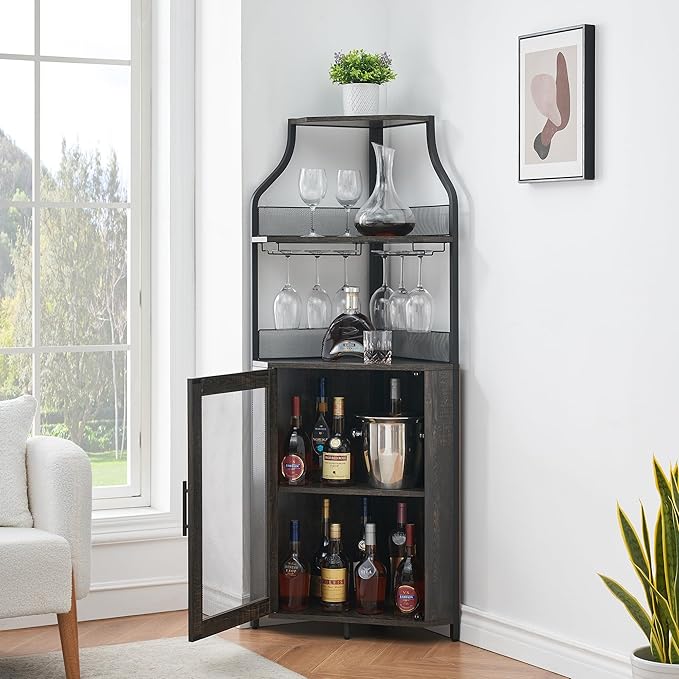 GarveeHome Corner Wine Bar Rack Cabinet with Detachable Wine Rack, Home Bar Cabinet with Barn Door and Adjustable Shelf, Wine Bar Cabinet and Buffet Cabinet with Mesh Door, Fire Wood