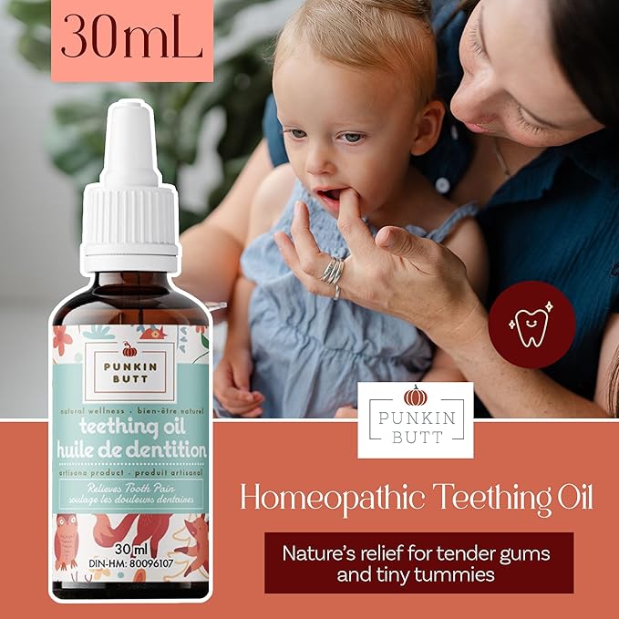 Punkin Butt Teething Oil for Babies, Herbal Plant-Based Formula Infused with Chamomile, Clove & Peppermint & Enhanced with Natural Homeopathics - Chamomilla, Phytolacca & Rheum, 1oz Bottle