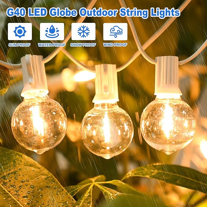 100ft Outdoor G40 LED Globe String Lights Dimmable Shatterproof Waterproof Light Strings with 52 Bulbs Connectable Commercial Hanging Lights for Patio Balcony Backyard Party (White Wire, 2-Pack)