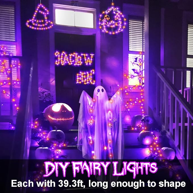 4 Pack Halloween Solar Fairy Lights 131.2Ft 400 LEDs Outdoor Twinkle Lights with 8 Modes, Waterproof Silver Wire String Lights for Garden Patio Party Decorations (Orange Purple)