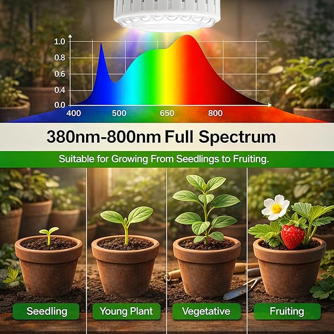LED Grow Light Bulb E26, Full Spectrum 5000K Plant Light Bulb for Indoor Plants Growing, 12W (Equivalent to 80W), High Output for Faster Growth, 3 Pack