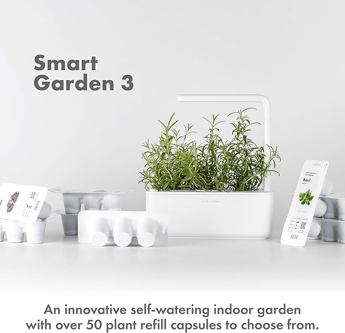 Click & Grow Smart Garden, 3 Pods Indoor Herb Growing System (3 Basil Pods Included)| Easier Than Hydroponics Growing System, Automatic Nutrients, Watering and Grow Light, Noise-free Technology, Beige