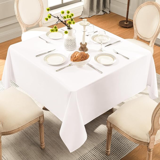 Square Tablecloth 52 x 52 Inch White Tablecloths Stain-Wrinkle Resistant Washable Polyester Table Cloths for Holiday, Buffet Parties, and Weddinge
