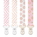 Stadela Baby Pacifier Clip Holder - Girl 4 Pack Gift Set – Retro Checker Smiley Flowers Floral Pink Beige Yellow