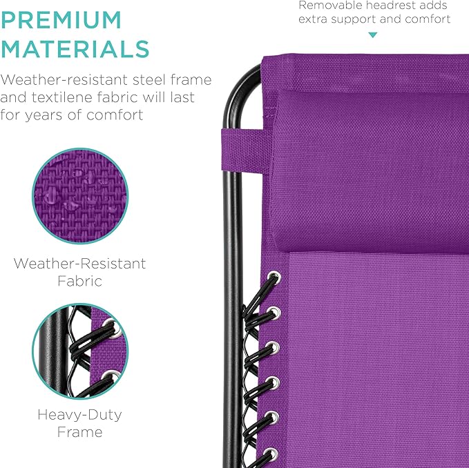 Best Choice Products Set of 2 Adjustable Steel Mesh Zero Gravity Lounge Chair Recliners w/Pillows and Cup Holder Trays - Amethyst Purple