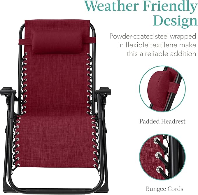Best Choice Products Oversized Zero Gravity Chair, Folding Outdoor Patio Recliner, XL Anti Gravity Lounger w/Removable Cushion, Cup Holder, Side Tray, 350lb Capacity - Burgundy