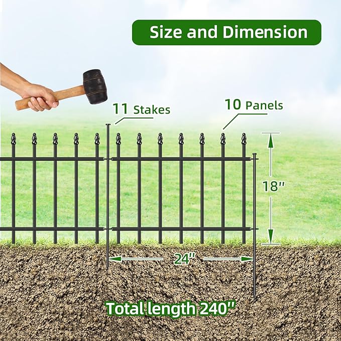 Decorative Metal Garden Fence 18 in H x 20 ft L, Small Border Fence Roman Column Deco, Garden Fencing for Yard Flower Bed Lawn Landscape Outdoor, 10 Panels + 11 Stakes Black