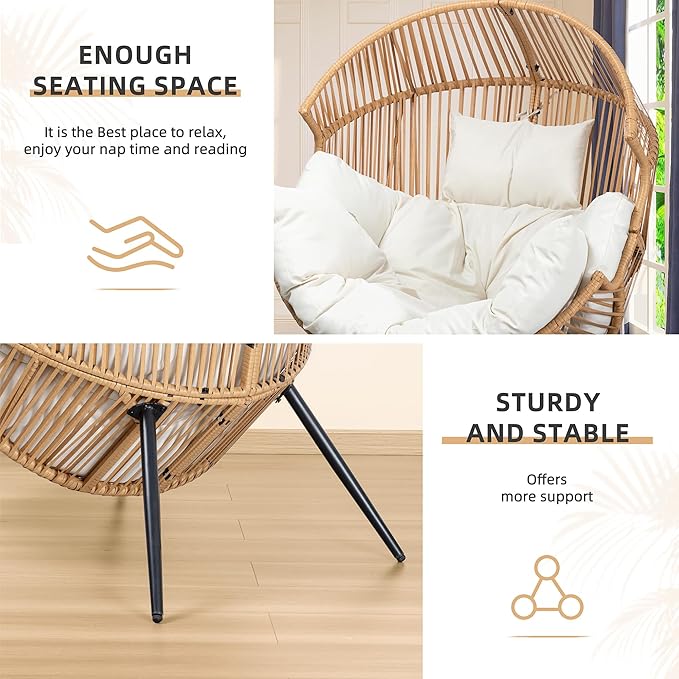 Vongrasig Wicker Egg Chair PE Rattan Chair with Cushion, Oversized Patio Lounge Chair for Outdoor, Indoor, Balcony, Backyard, Garden, Living Room, Beige