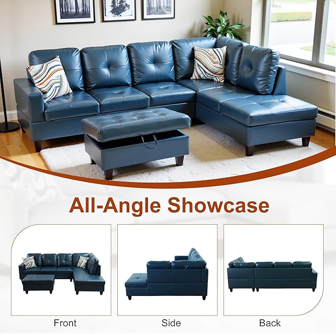 Osparple Sectional Couch PU Leather L Shaped Couch 3 Pieces Modular Sectional Sofa with Storage Ottoman for Living Room and Small Apartment, Peacock Blue
