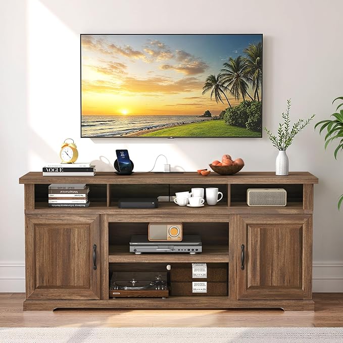 Marsail Modern Farmhouse TV Stand, Entertainment Center with Storage Cabinets, Adjustable Shelves and Power Outlets for Televisions up to 80 Inch, TV Console Table for Living Room, Brown
