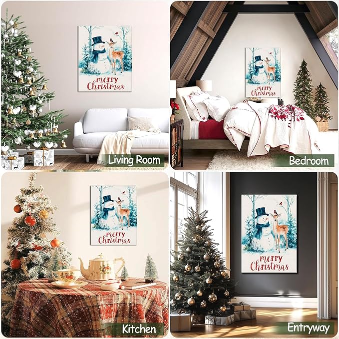 Christmas Snowman with Deer Canvas Wall Art - Rustic Winter Scene Framed Print for Farmhouse Living Room, Cozy Christmas Wall Decor, Ideal Christmas Gifts & Festive Decorations