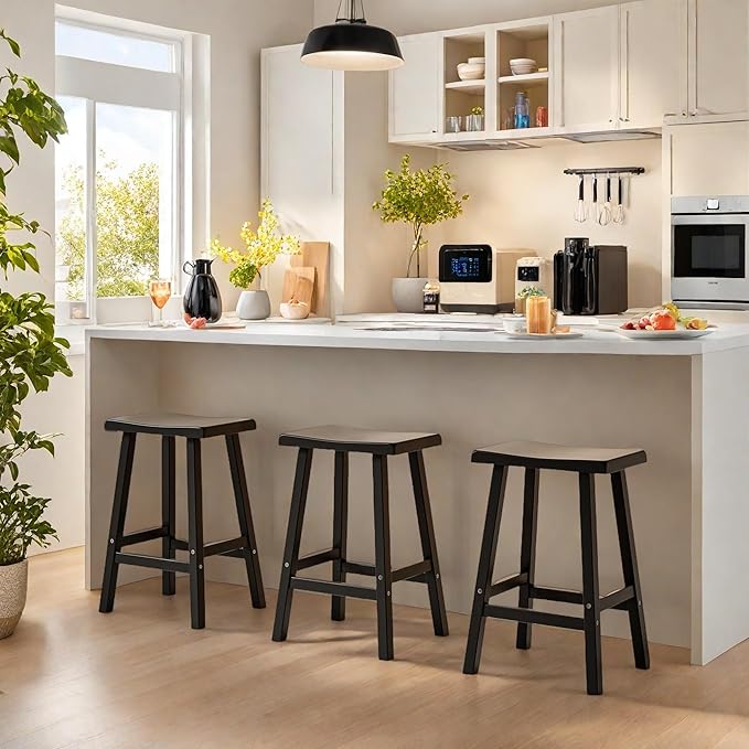 24" H Bar Stools Set of 2 - Classic Saddle Seat with Footrest, Resin Kitchen Counter Stool, Anti-Slip & Waterproof - Tall Barstools for Bar, Kitchen, Dining Room, Lounge - Black