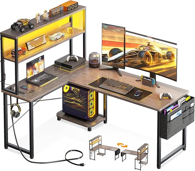 AODK L Shaped Desk Gaming Desk with LED Light & Power Outlet, 53 Inch Reversible L Shaped Computer Table with Shelf & Storage Bag & Hook for Home Office, Grey Oak