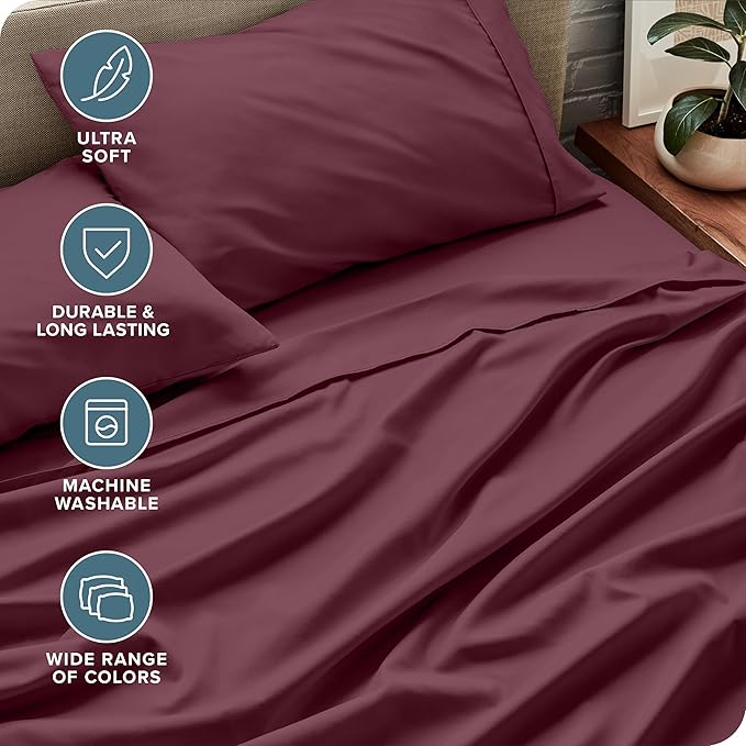 Bare Home Ultra-Soft Split Head Flex King Sheet Set - Luxury 1800 - Hydro-Brushed - Deep Pockets - Easy Fit - 4 Piece Set - Bedding Sheets & Pillowcases (Split Head Flex King, Burgundy)