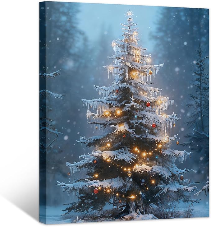 Framed Christmas Pictures Wall Decor,Vintage Pine Tree Prints,Winter Christmas Canvas Wall Art Decoration for Bedroom Bathroom Living Room Rustic Xmas Holiday Gifts (Christmas Tree 15, 16'' X 20'')